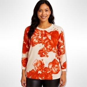 Cyrus Cream and Coral Rose Floral Cardigan Sweater Size 2XL Plus Rhinestone NWT